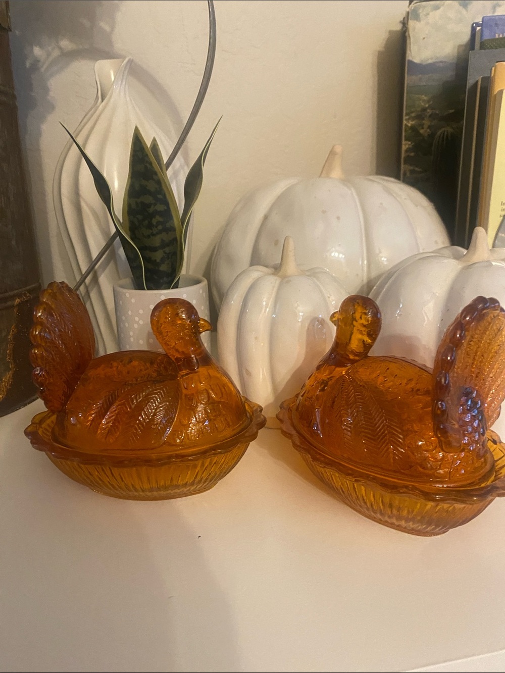 2 Vintage Indiana Amber Glass Turkey on A Nest Candy Dish Set Thanksgiving Decor